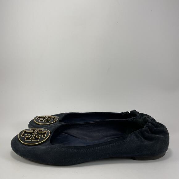 Tory Burch Reva Ballet Flats Shoes Navy Suede Womens Size 7 Slip On Gold Logo - Picture 3 of 9